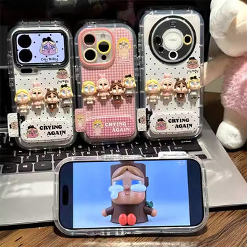 可愛い立体 泣き顔フィギュアスタンド 対応 iPhone全機種 クリームシフォン風 スマホケース 全周囲保護 落下防止