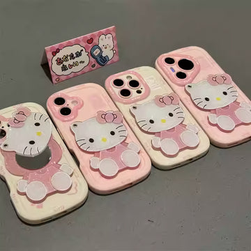 iPhone 16対応　ピンクの子猫ミラー付き　パフケース
