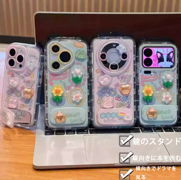 立体フラワー柄のクマとリンゴのiPhone 17 Proケース（iPhone 14にも対応）