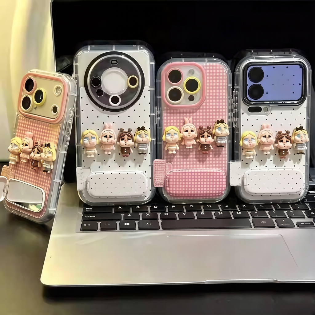 可愛い立体 泣き顔フィギュアスタンド 対応 iPhone全機種 クリームシフォン風 スマホケース 全周囲保護 落下防止